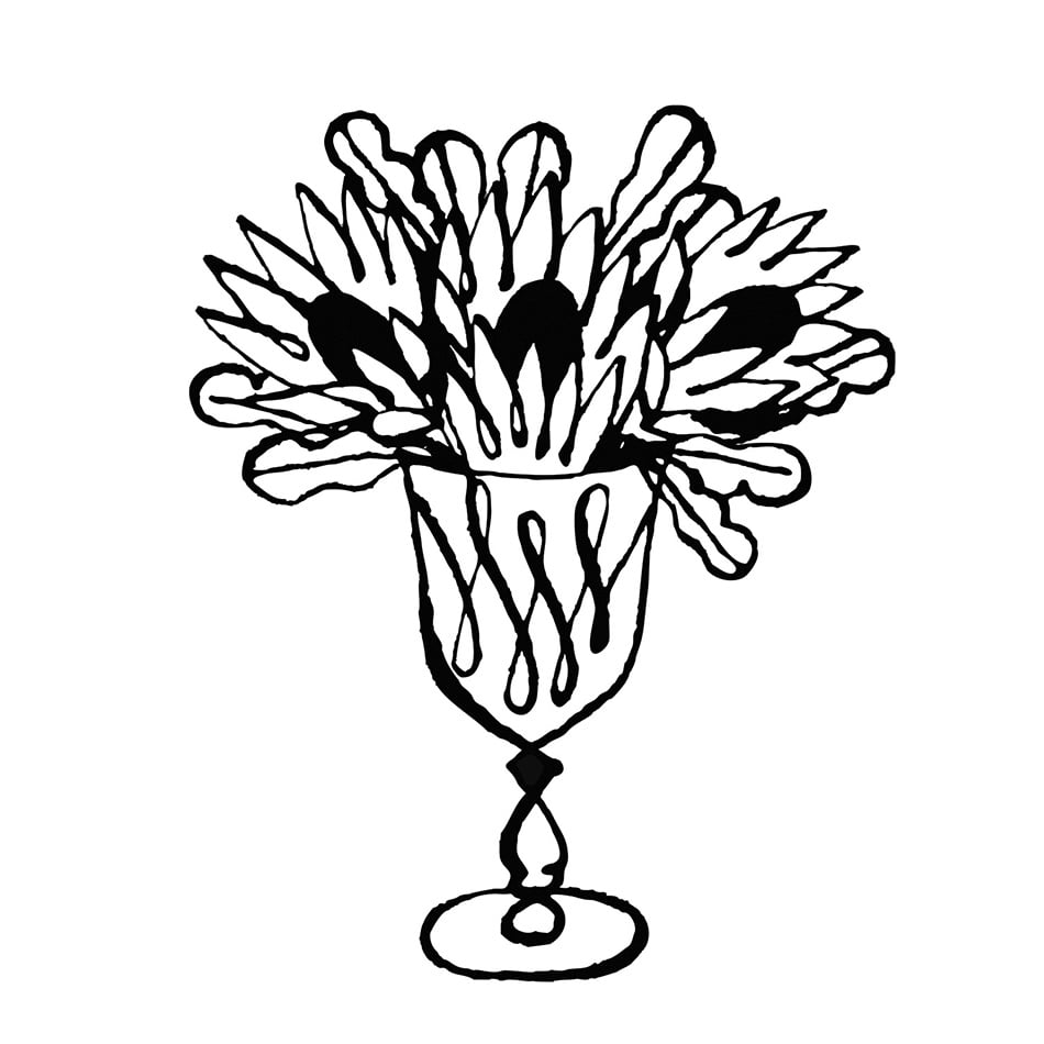 A black line illustration of flowers in a vase