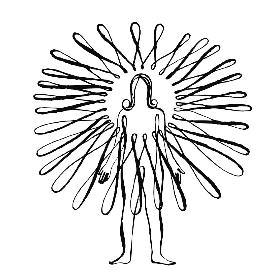 A black line illustration of a woman with loops around her head