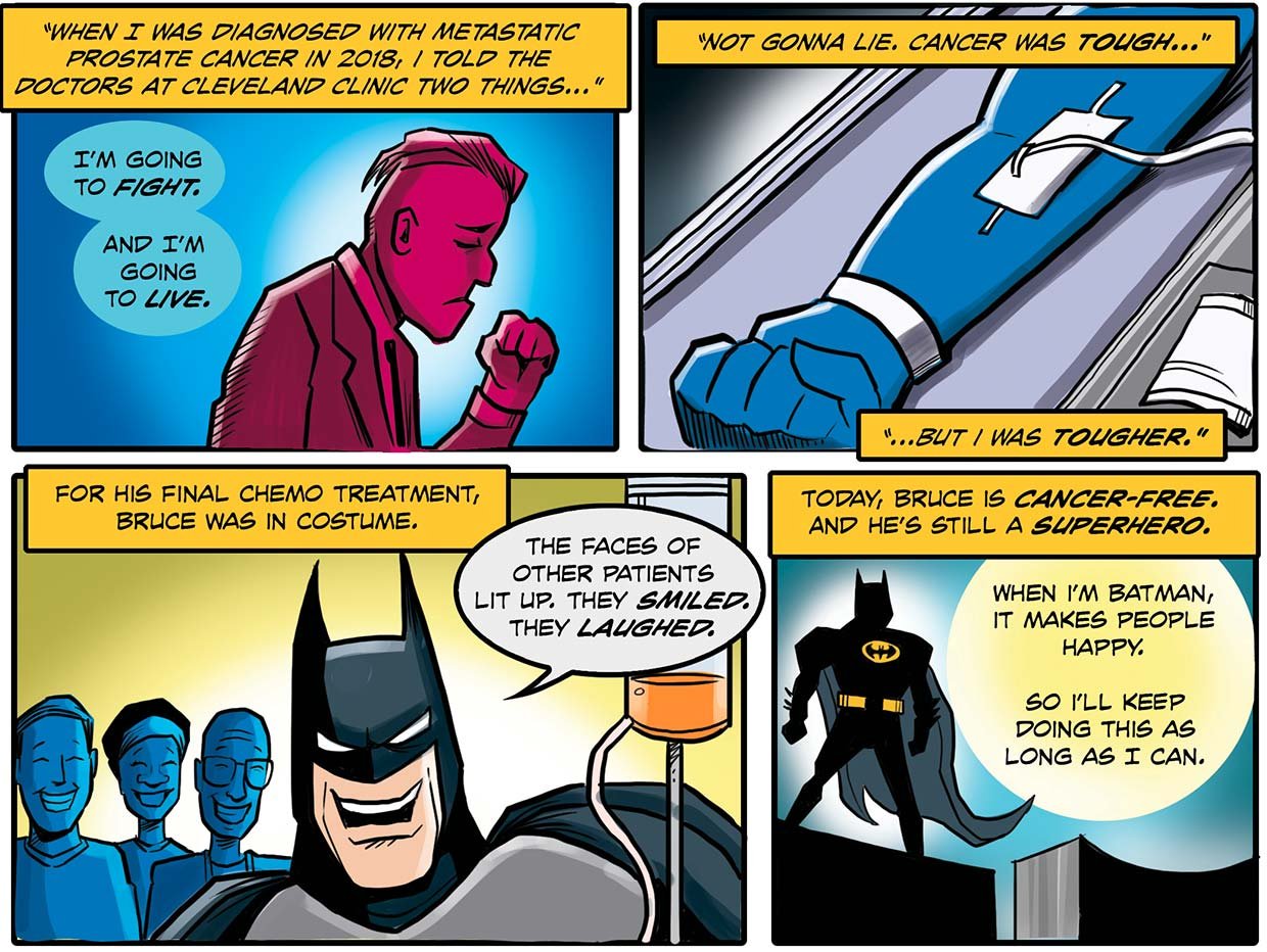 the second half of the comic where we find out that Bruce Wayne get's diagnosed with prostate cancer. he beats it and continues to wear the costume