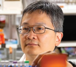 Asian man glasses looks at items on shelves in lab