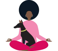 Illustration of black woman black afto light pink shirt dark pink pants sitting in yoga pose with dog on lap