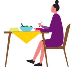Illustration of woman purple dress black hair bun sitting at brown table yellow tablecloth eating