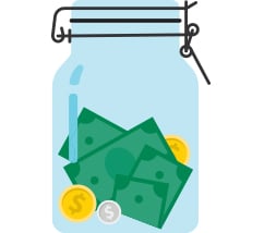 Illustration of glass jar holding green paper money gold and silver change