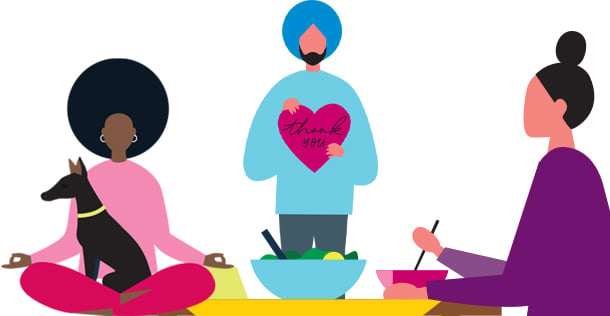 Colorful illustration of man holding heart that says thank you woman eating woman meditating