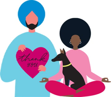 Colorful illustration of man holding heart that says thank you woman meditating