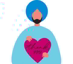 Illustration of man with blue turban brown beard light blue shirt holding pink heart that says thank you