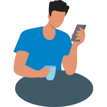 Illustration of man brown hair blue shirt blue cup gray table looking at phone screen