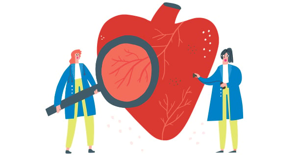 Charicature of two female doctors examining a larger than life heart with a magnifying glass and a stethoscope