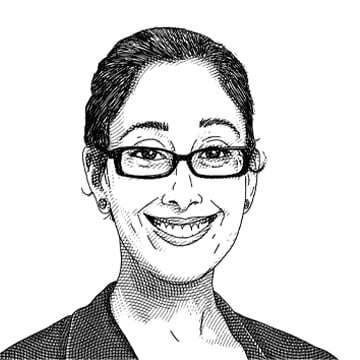 Black and white sketch of headshot of woman wearing glasses