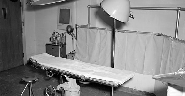 black and white image of a surgical dressing room