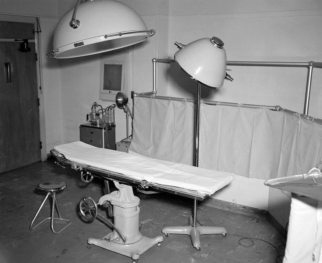 black and white image of a surgical dressing room