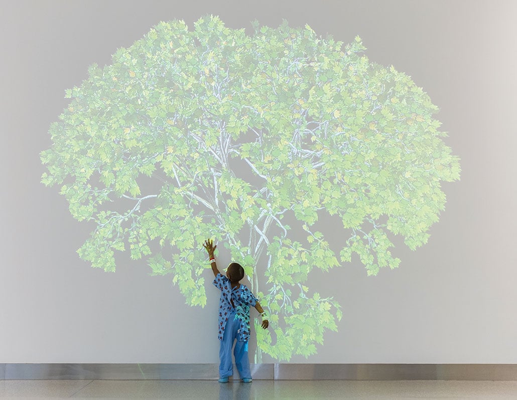 Little girl touching wall with a tree projected onto it