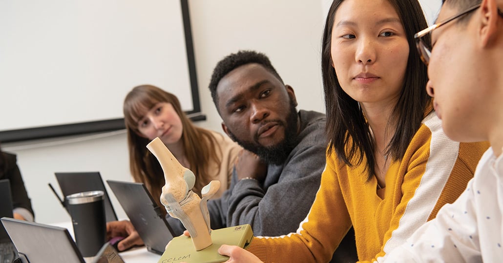 4 students talking about a knee bone