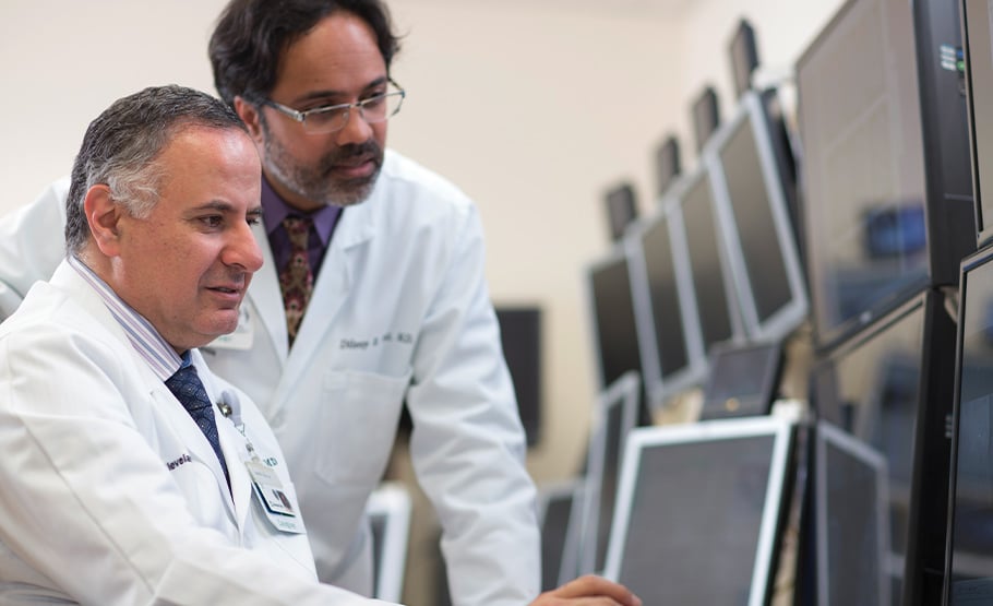 Dr. Najm (left) and Dr. Nair (right) looking at a computer