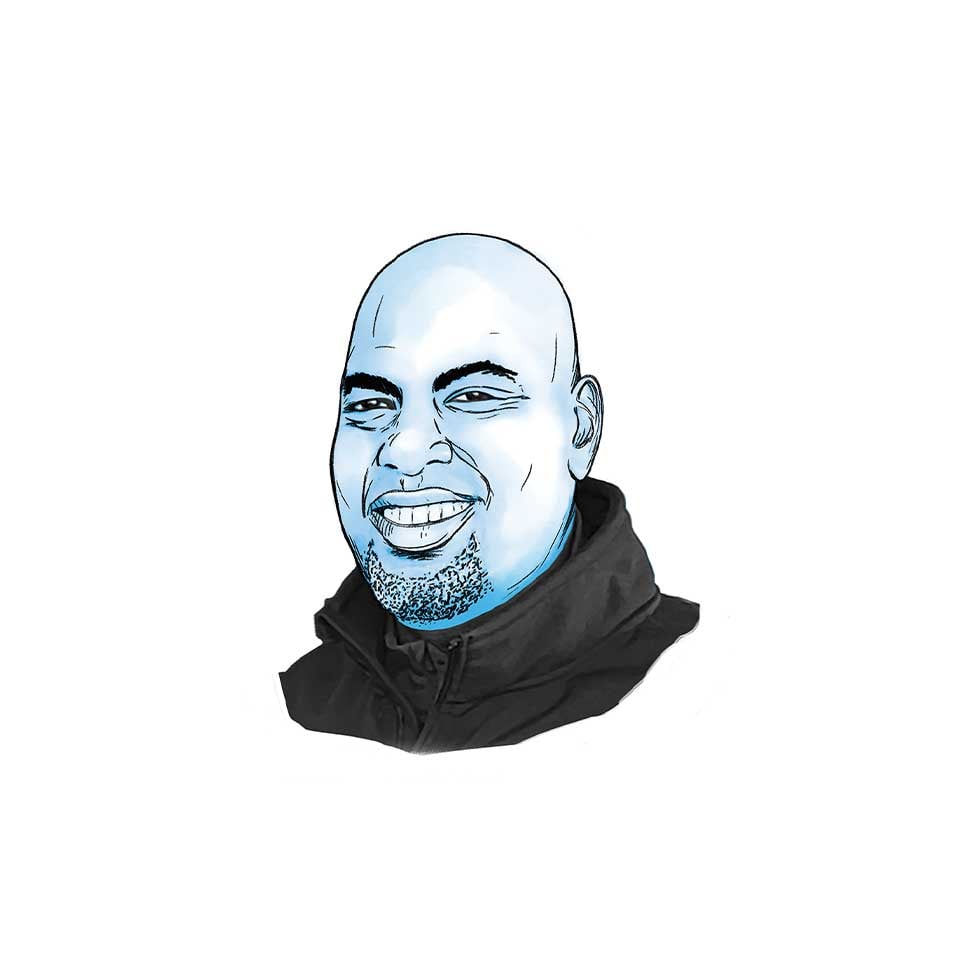 Black and blue illustration of Darryl East