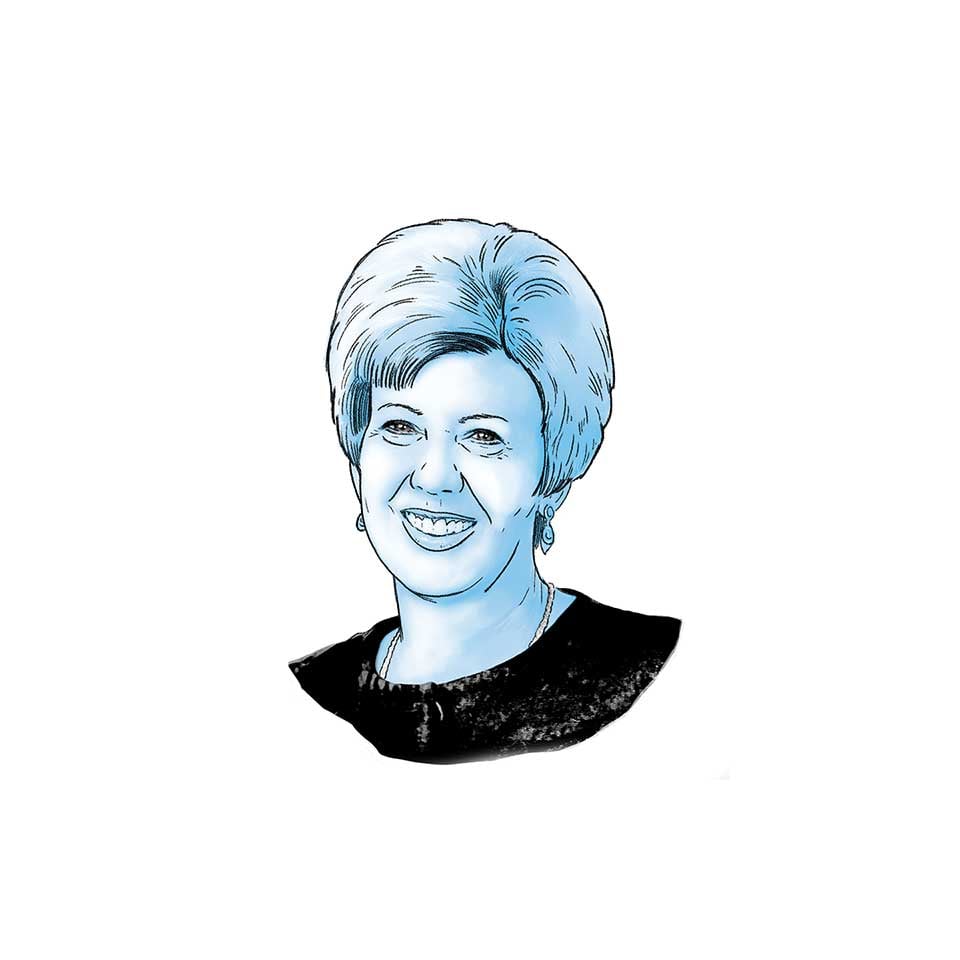 Black and blue illustration of Kathy Cooper