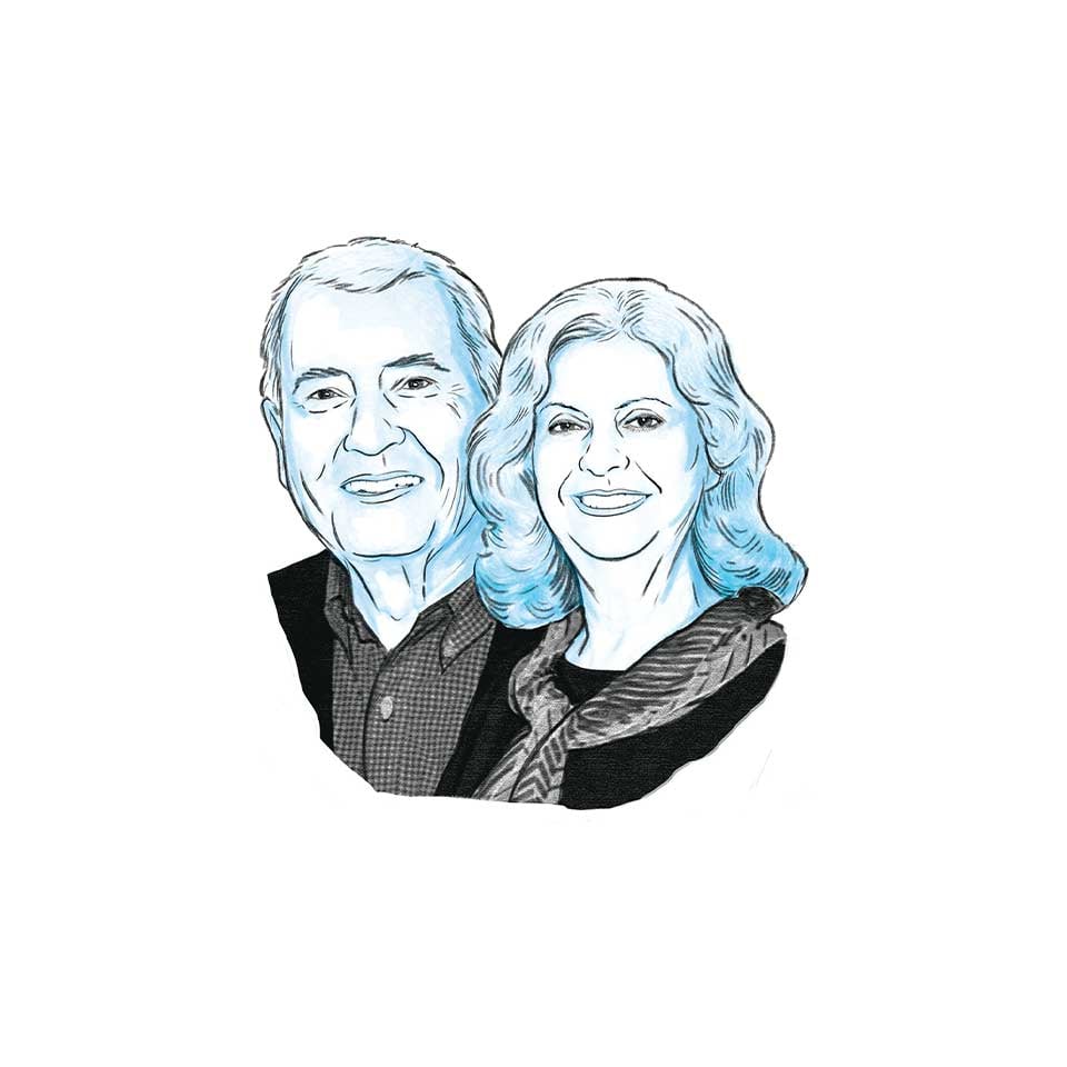 Black and blue illustration of Carole and Rod Hartless