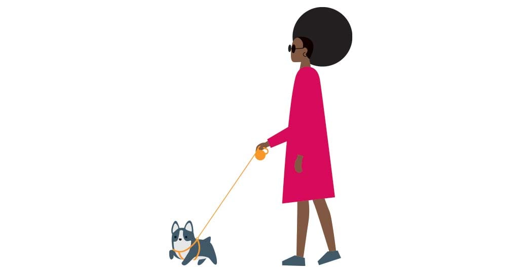 Illustration of a woman walking her dog