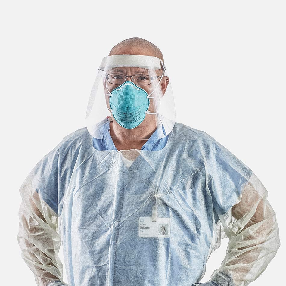 Allen Conners in protective medical gear from head to toe
