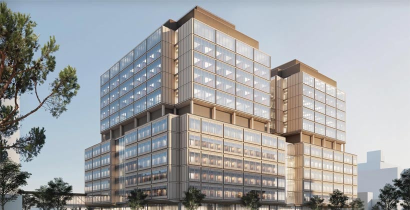 13 story building with walls of glass windows