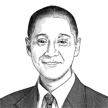 Black and white sketch of portrait headshot of man in suit and tie