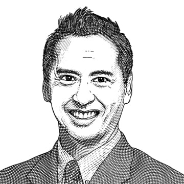 Black and white sketch of portrait headshot of man in suit and tie
