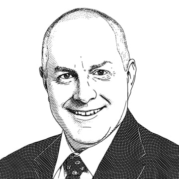 Black and white sketch of portrait headshot of man in suit and tie