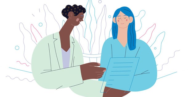 illustration of black female doctor discussing chart with female patient