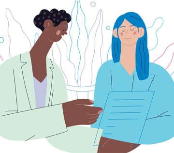 illustration of black female doctor discussing chart with female patient