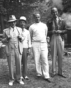 Eddie Rogers (far left), Cleveland Clinic’s first male nurse, and Herbert Decker  (far right), Cleveland Clinic’s first pharmacist, mingle with colleagues at a picnic in the 1930s.